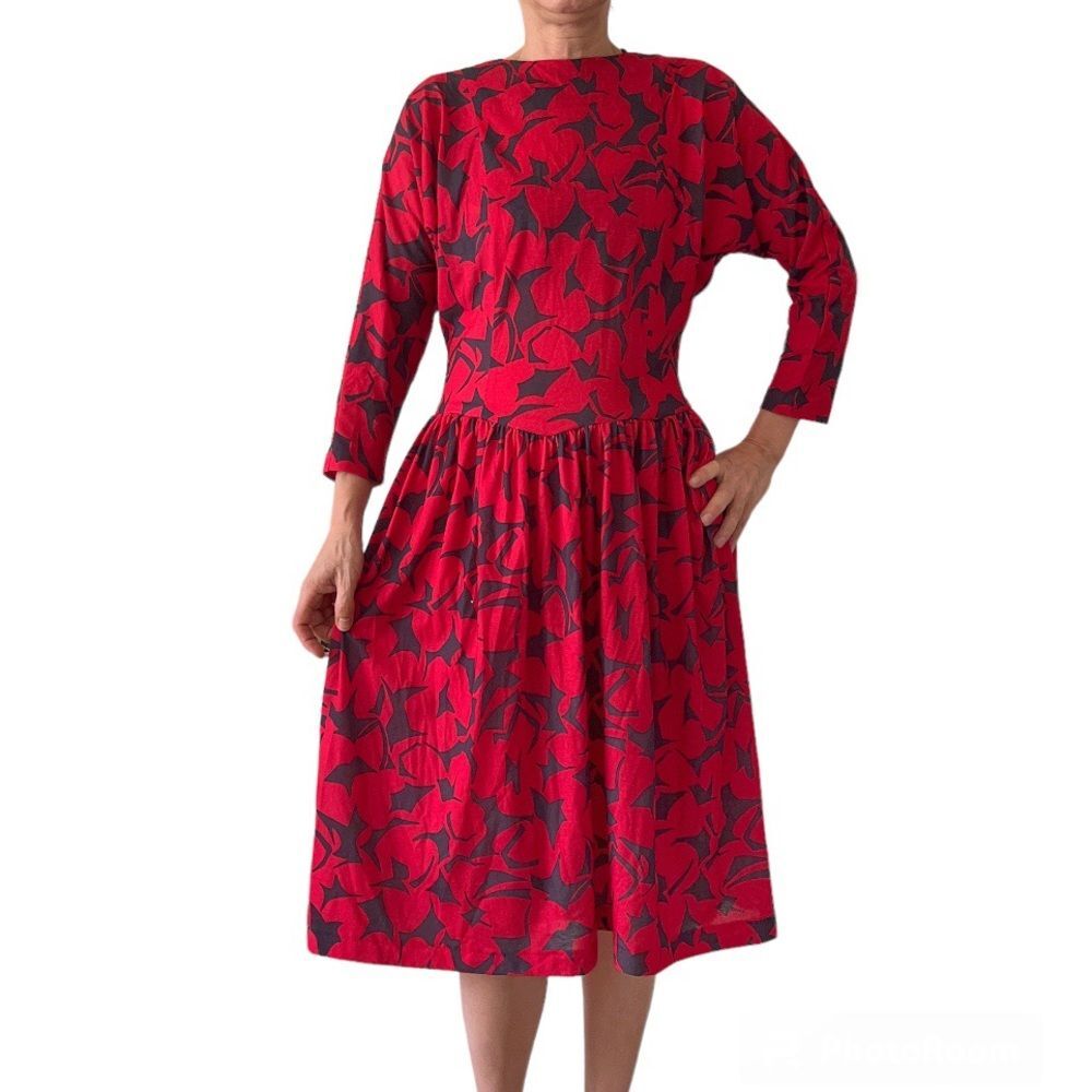 BEDFORD FAIR Red Black Dress Fit & Flare VINTAGE Made in USA